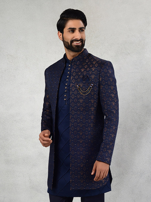 Elegant Navy Blue Indo Western for Men | Jacquard Traditional Wear
