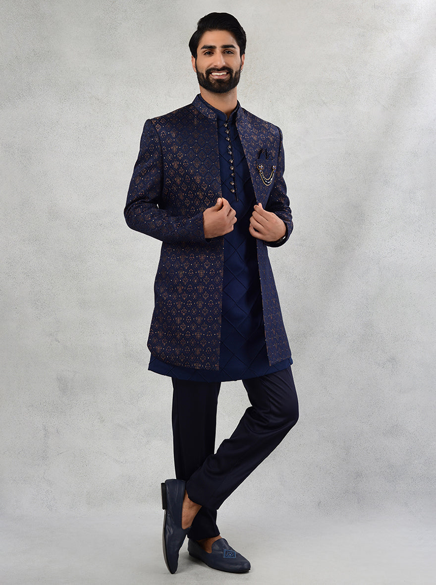 Traditional Navy Blue Jacquard Indowestern with self-design and front cut.