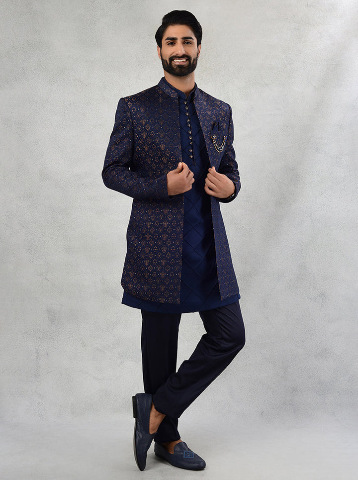 Traditional Navy Blue Jacquard Indowestern with self-design and front cut.