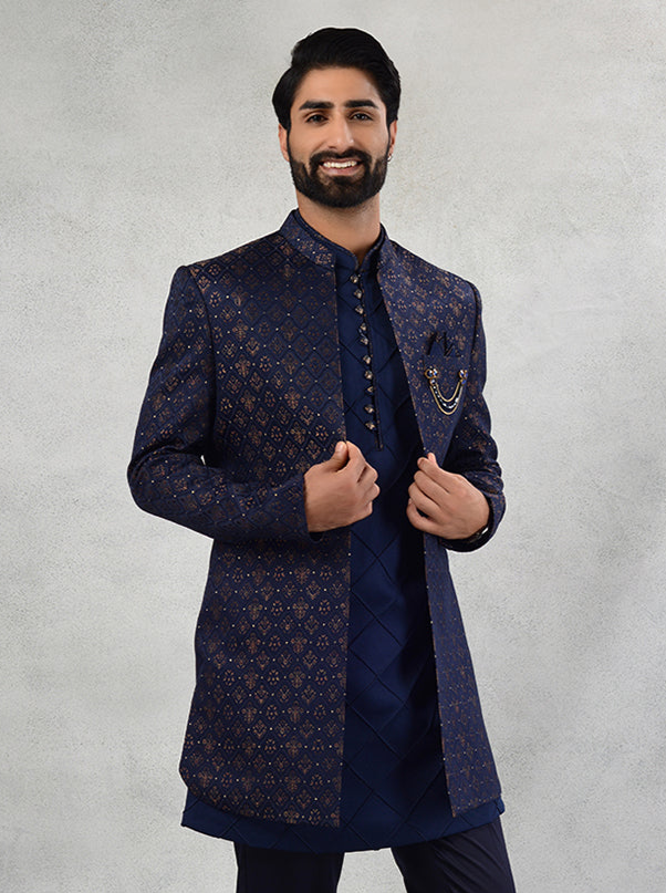 Navy Blue Jacquard Indowestern for Sangeet | Self Design & Straight Cut