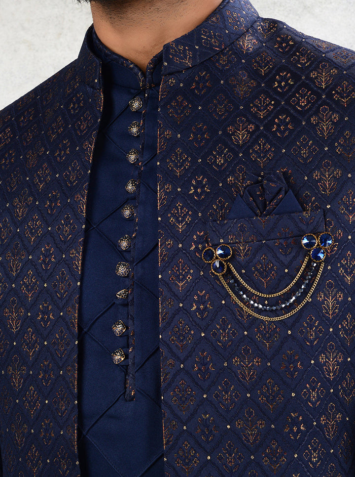 Men's Navy Blue Jacquard Indowestern for sangeet with self-design details.