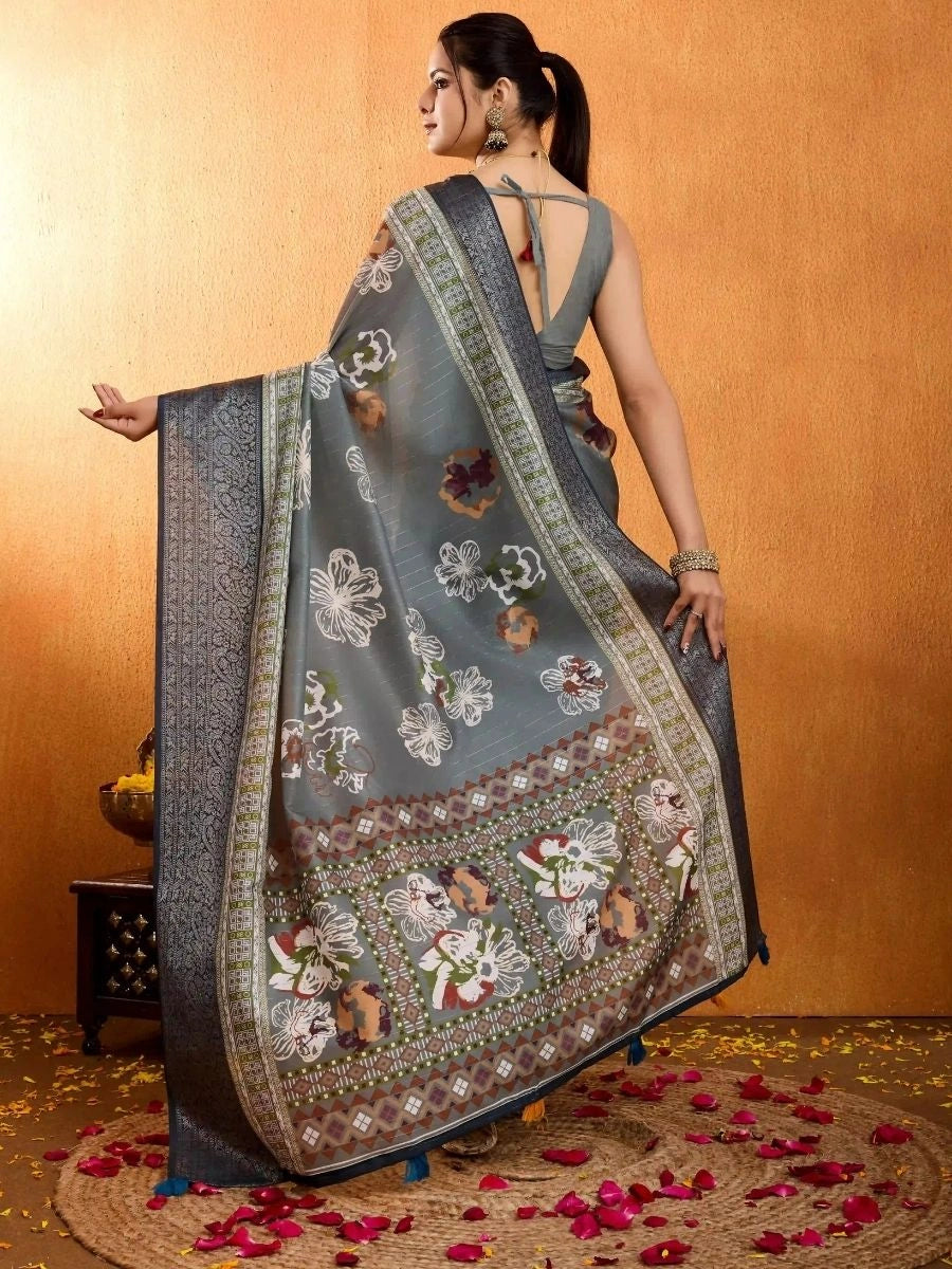 3D floral gray saree SilverBin
