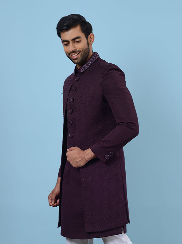 Stylish Wine Indo Western Outfit | Luxurious Jacquard Fabric