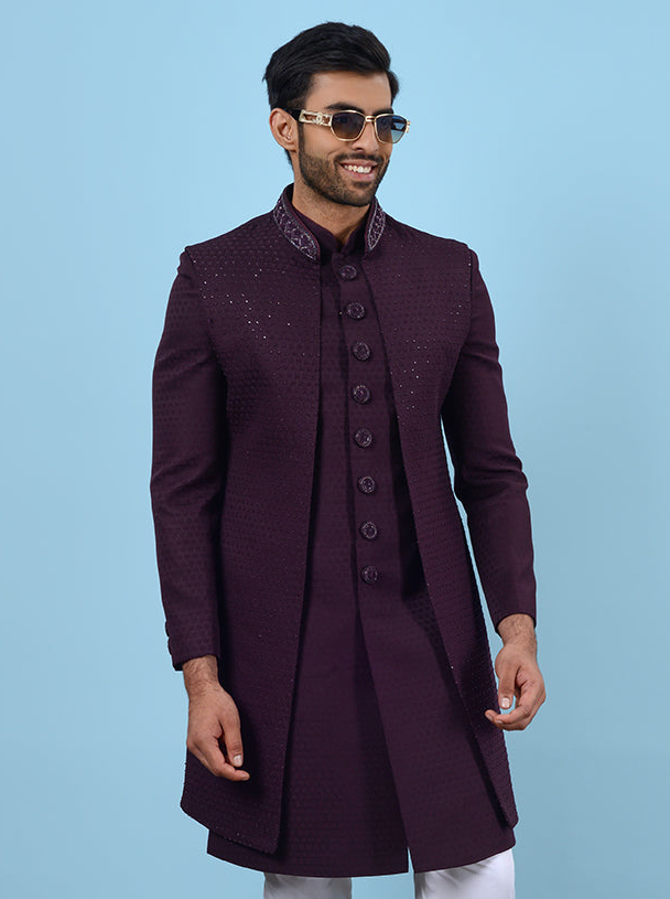 Wine Jacquard Indo Western | Elegant Embroidered Regular Fit Kurta