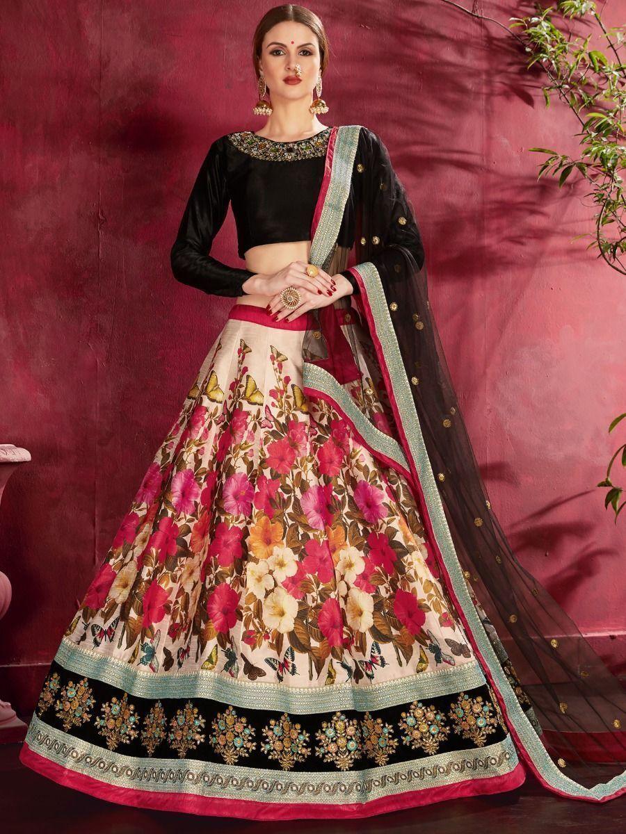 Multi-color lehenga choli with floral print and sequins embroidery