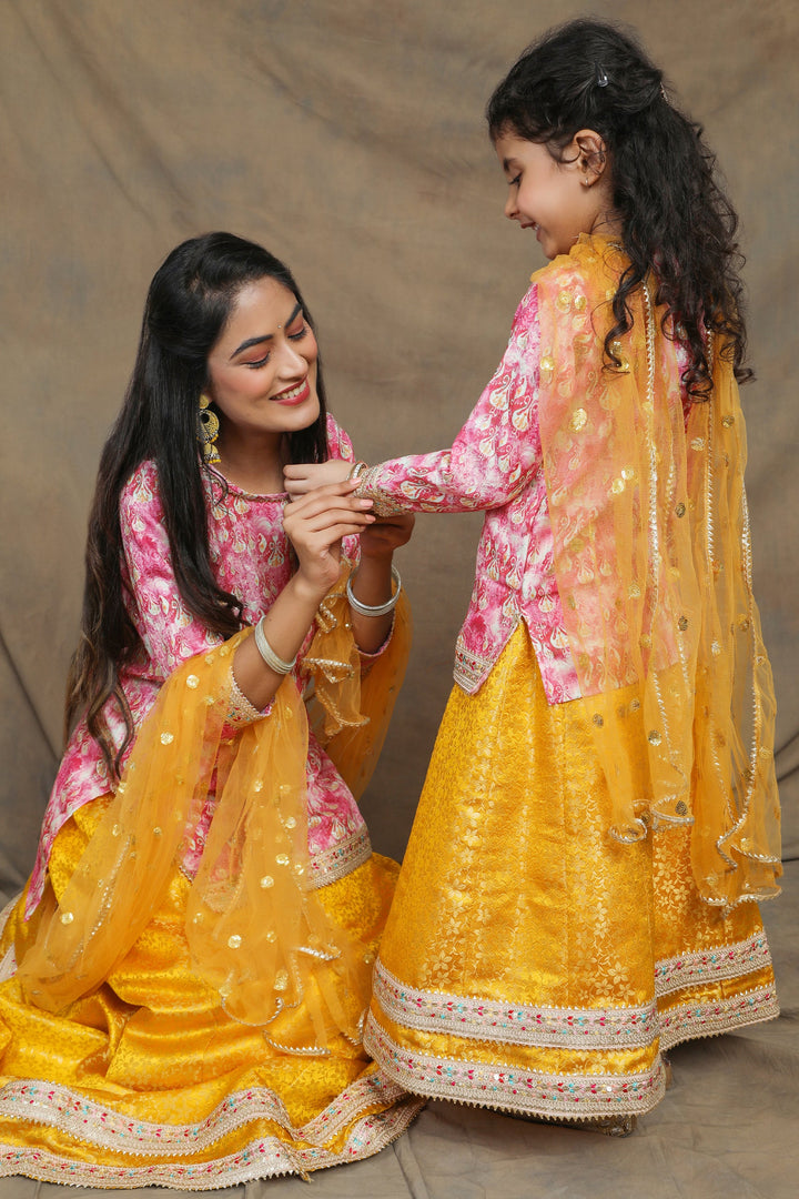 Sunny Yellow and Fuchsia floral Brocade Mother and Daughter Twin Set
