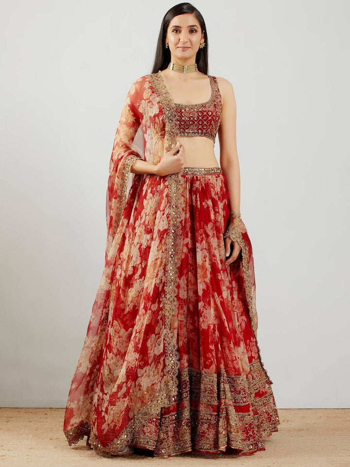 Lovely Red Floral Printed Organza | Wedding Lehenga Choli With Dupatta Signature Design