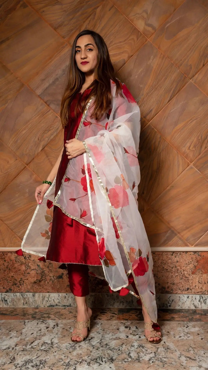 Maroon phool taffeta silk suit | with digital print organza dupatta set signature design