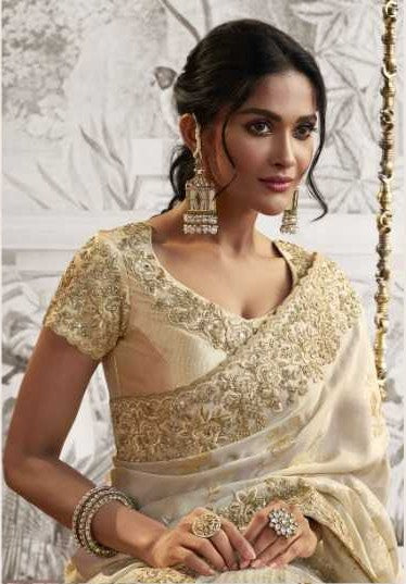 Gorgeous Off White Crush Georgette Saree | Zari Embroidery & Latkan Detail