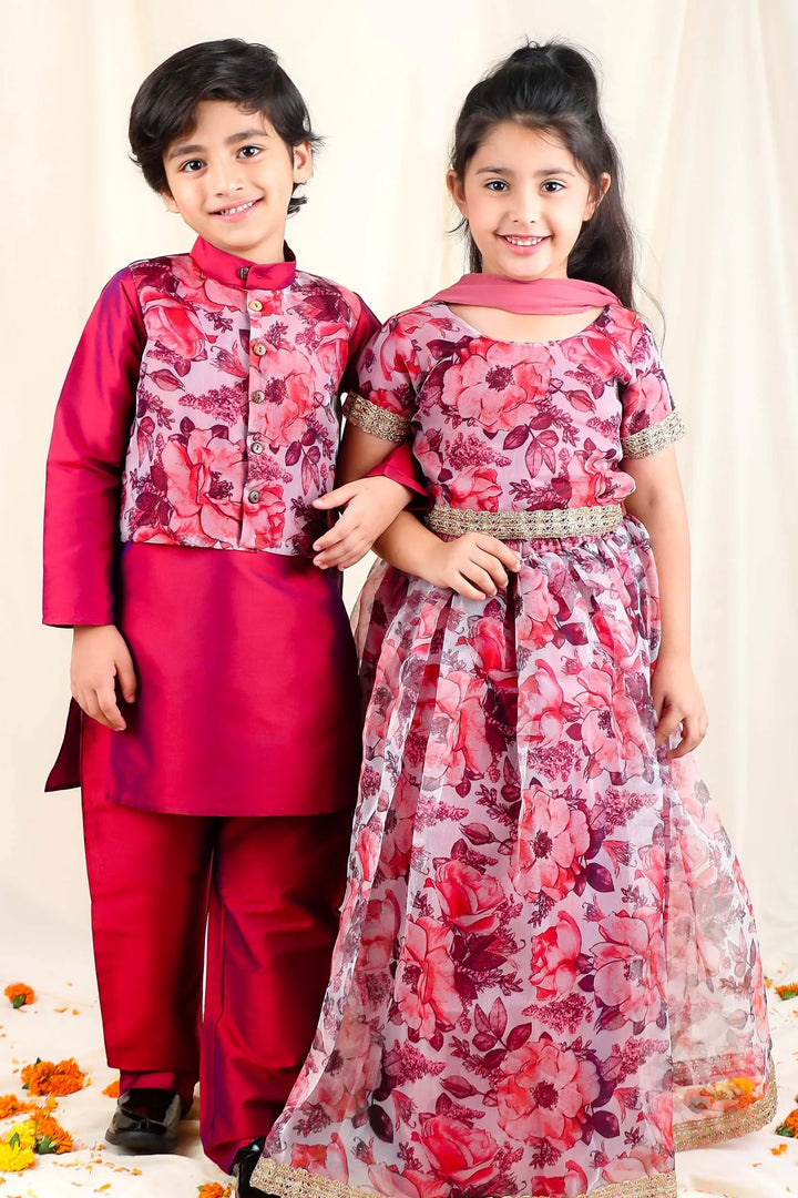 Maroon Floral Organza Matching Lehenga Choli and Kurta Pajama for Brother and Sister