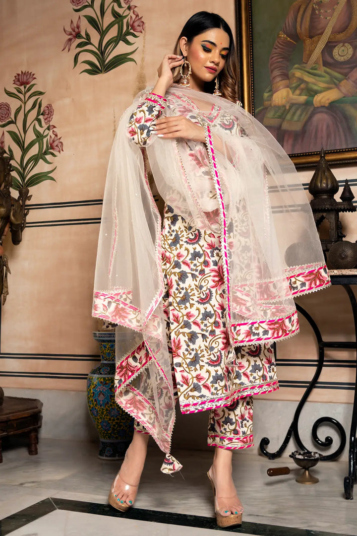 Elegant Off White Cotton Salwar Suit | Garden Rose Block Print Design