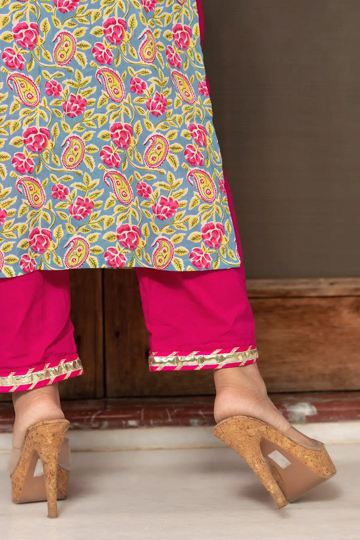 Jaipuri Straight Cotton Salwar Suit Set | Hand Block Print & Net Dupatta