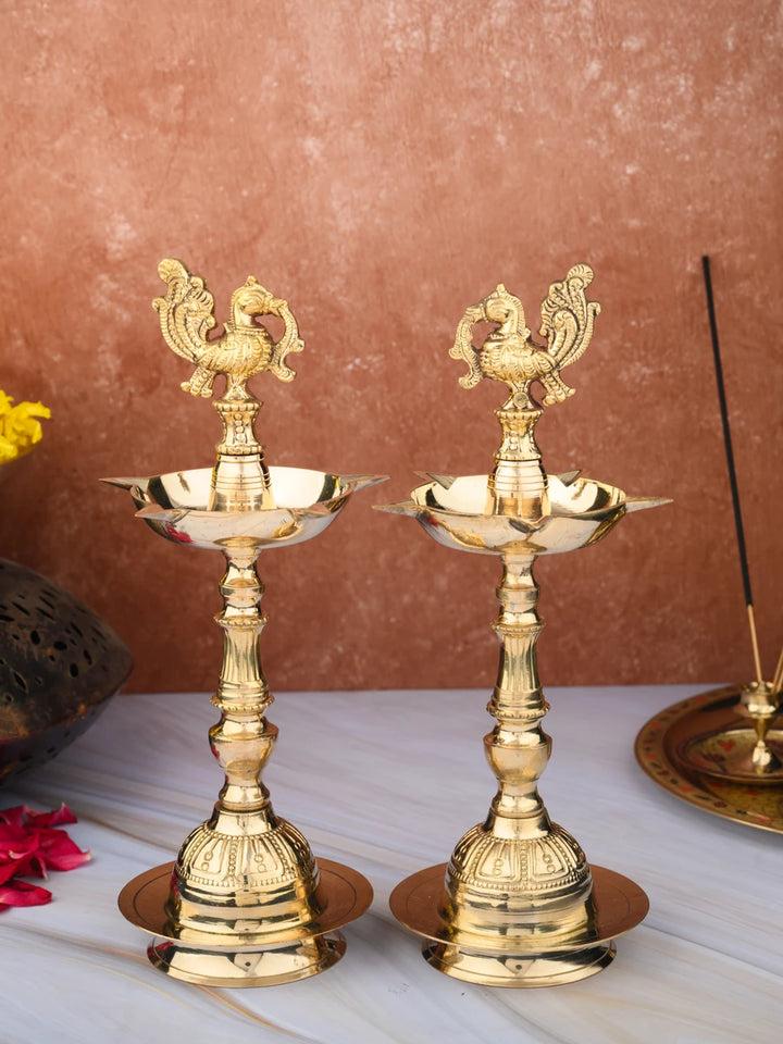 Pure Brass Nakashi Peacock Diya | Mahabharat Pital Oil Lamp Pack of 2