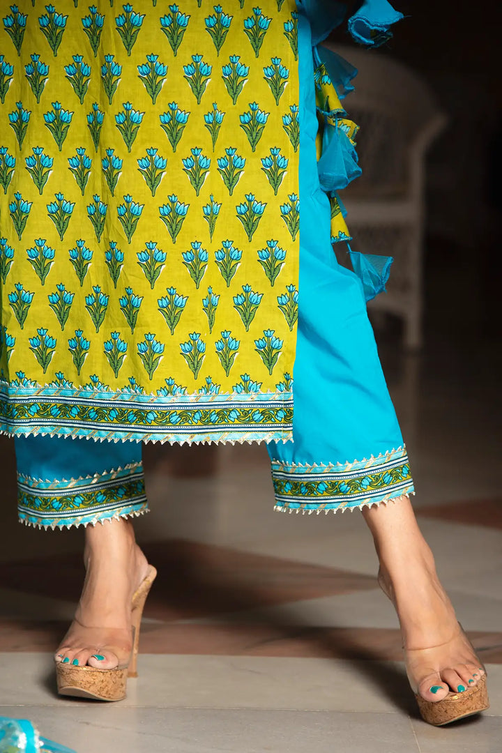 Gulzar Lime & Sky Blue Hand Block Cotton Kurta Suit Set | Organza Dupatta