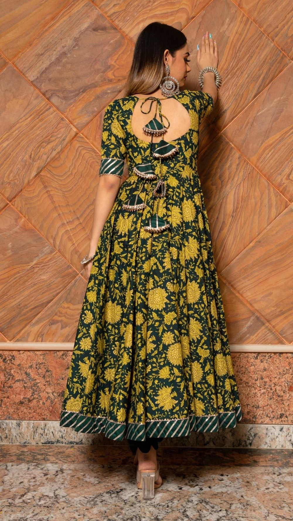IDIKA GREEN HAND BLOCK ANARKALI SET - Pomcha Jaipur