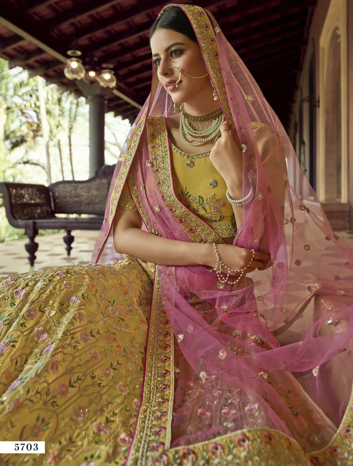 Mustard Organza Lehenga | Resham & Zari Work