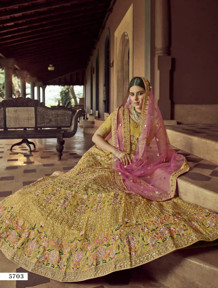 Mustard Organza Lehenga | Resham & Zari Work