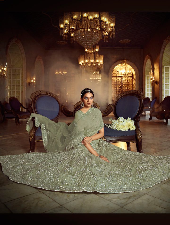 Pista Green Soft Net Lehenga with Dori and Zarkan Work | Elegant Wear
