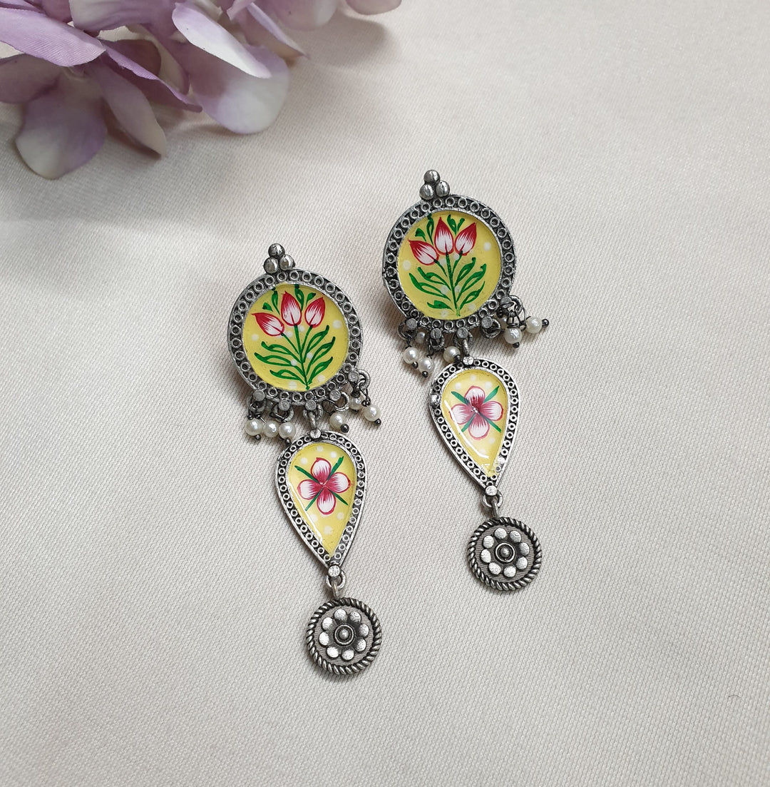 Oxidised Silver | Yellow Handpainted Earrings Signature Design