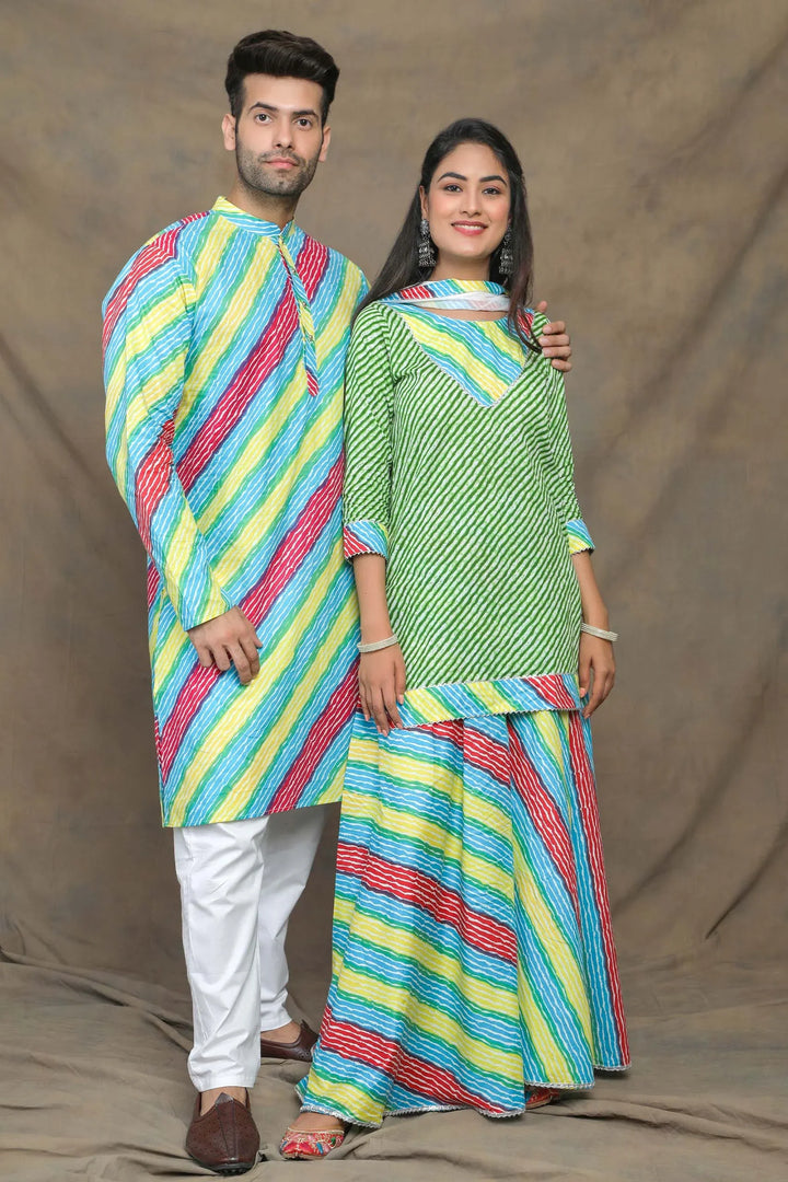 Vibrant Green And Multicolored Leheriya Couple Twin Set