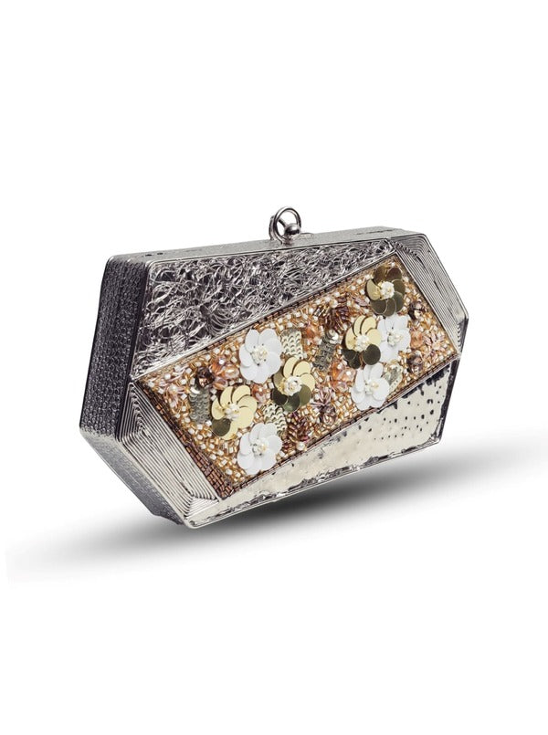 Fatima Silver Brass Clutch | Embellished Vintage Charm Evening Bag