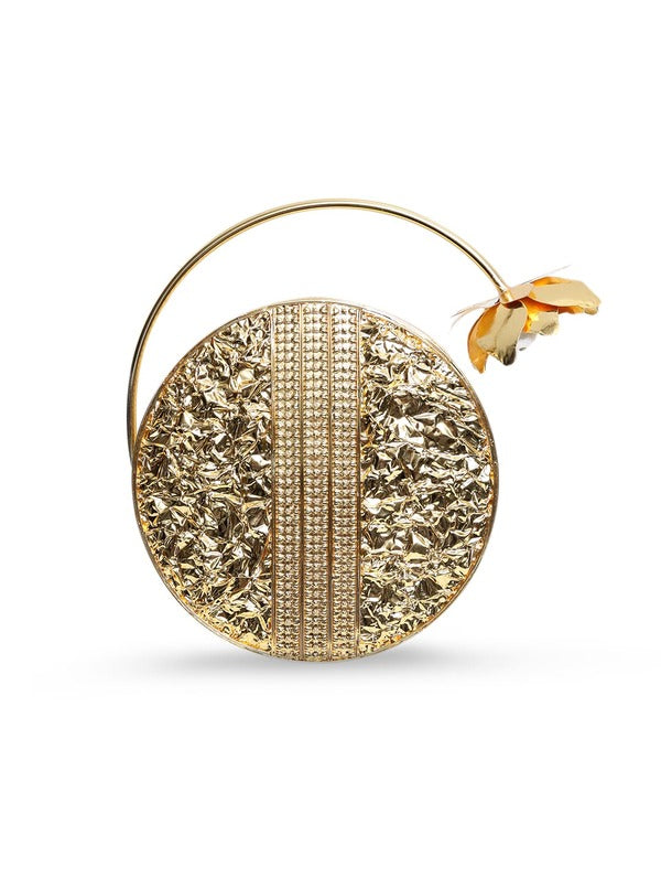 Naaz Embellished Mother of Pearl Clutch | Elegant Brass Flower Handle Bag