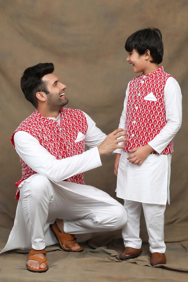 Embroidered Father and Son Matching Outfit in Fuchsia and White threadwork