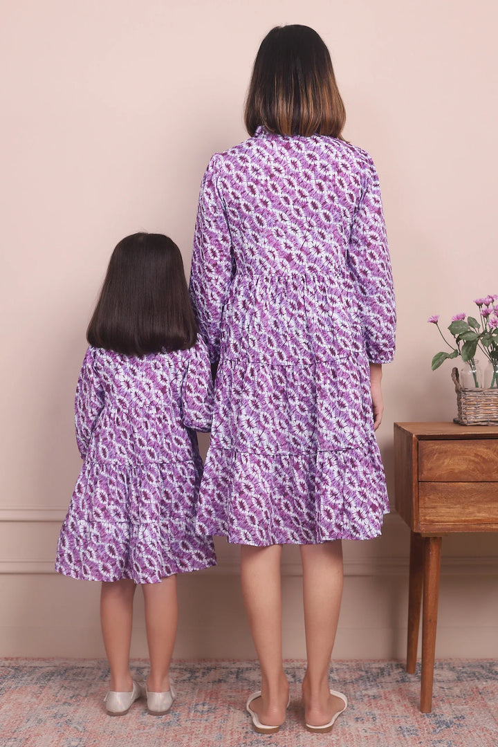 Twin Style Statements: Purple Cotton Collar Dresses for Mom and Daughter
