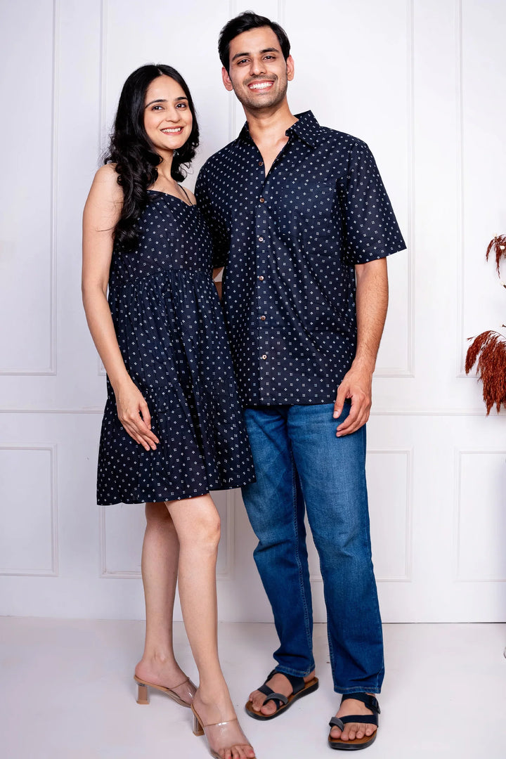 Black & white Dot printed Family Sets with Matching Dress & shirts