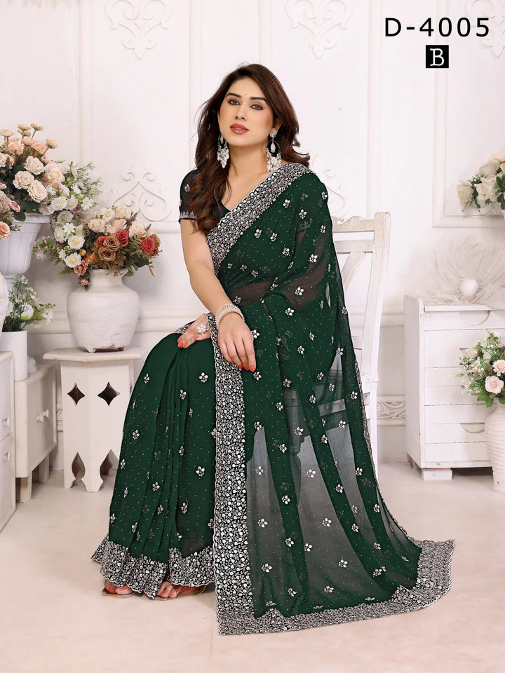 shop Bottle Green Georgette Saree with Zari & Stone Work 