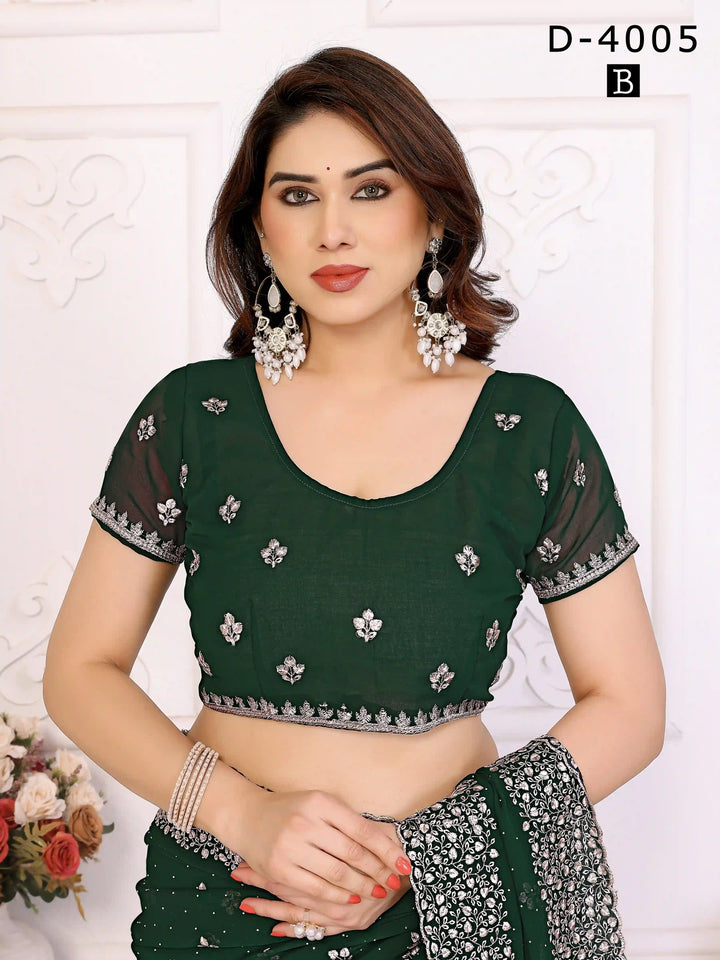 shop Bottle Green Georgette Saree with Zari & Stone Work 