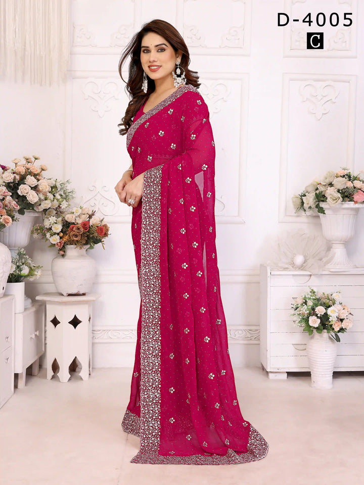 Buy Bright Pink Georgette Saree with Zari & Stone Detailing | Silverbin
