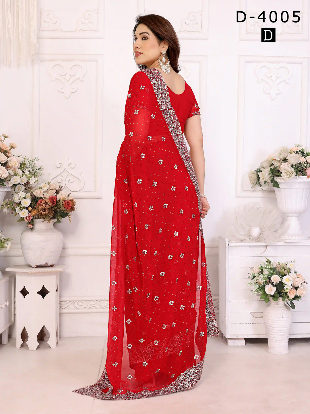 Red Georgette Saree with Elegant Zari & Stone Embroidery | Silverbin


