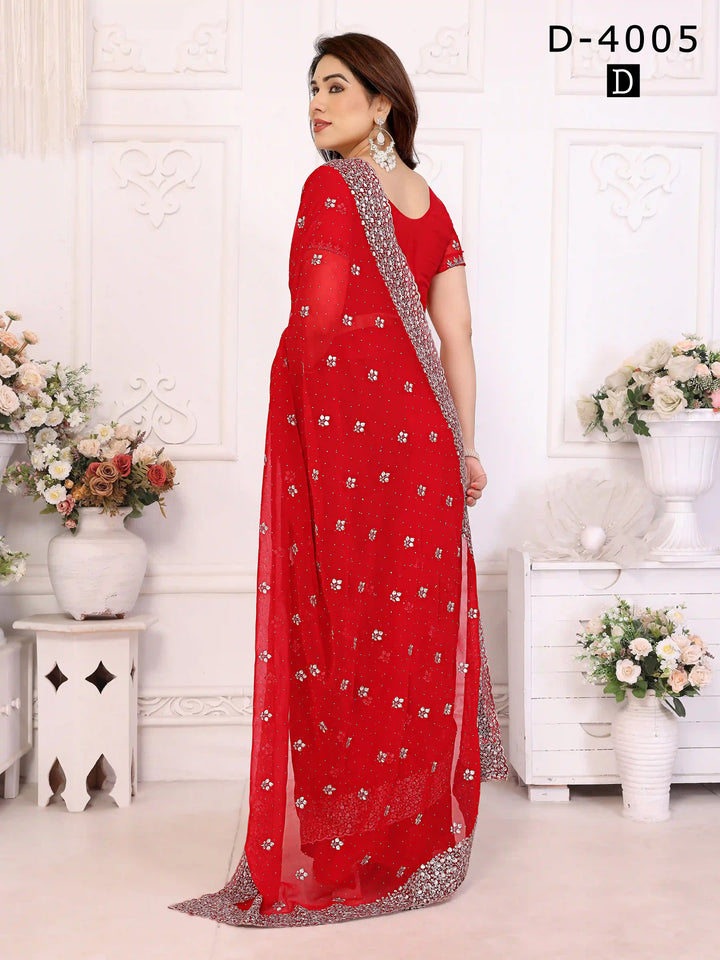 Red Georgette Saree with Elegant Zari & Stone Embroidery | Silverbin

