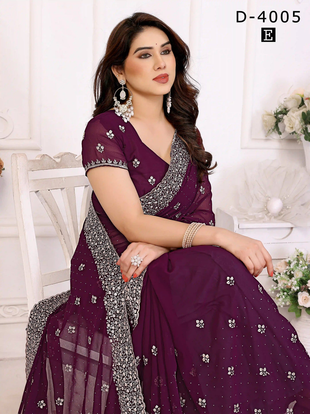 buy Wine Georgette Saree with Zari & Stone Work | Silverbin
