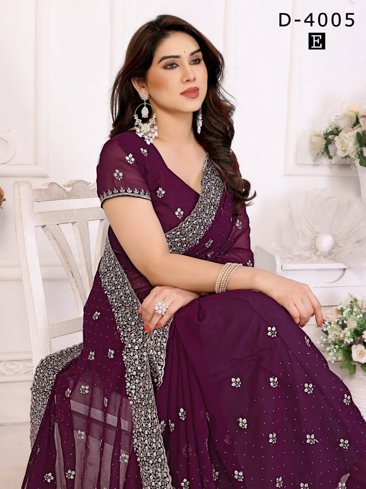 buy Wine Georgette Saree with Zari & Stone Work | Silverbin
