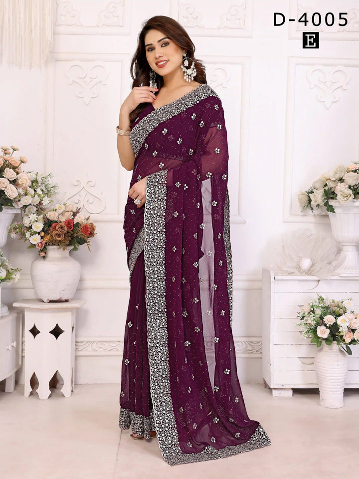 buy Wine Georgette Saree with Zari & Stone Work | Silverbin

