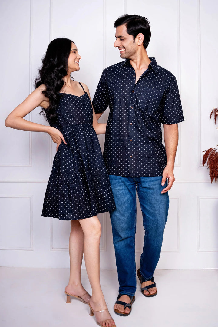 Black And White Dot Printed Dress With Matching Shirt Couple Twin Set