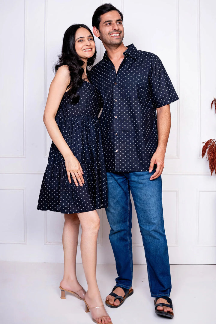 Black And White Dot Printed Dress With Matching Shirt Couple Twin Set