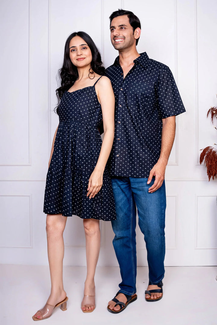 Black And White Dot Printed Dress With Matching Shirt Couple Twin Set
