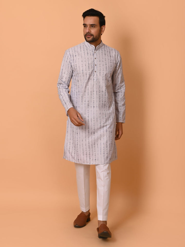 Chikan Grey Kurta Set | Festive Cotton Blend Full Sleeves Kurta