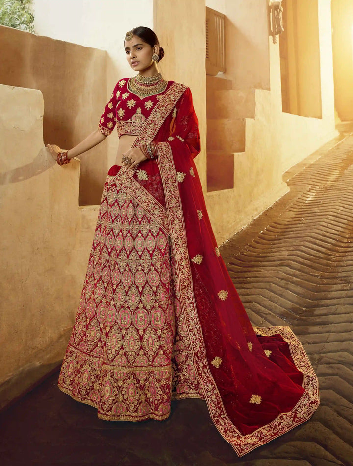 Red Pure Velvet Bridal Lehenga | Traditional Indian Lehenga Choli Set