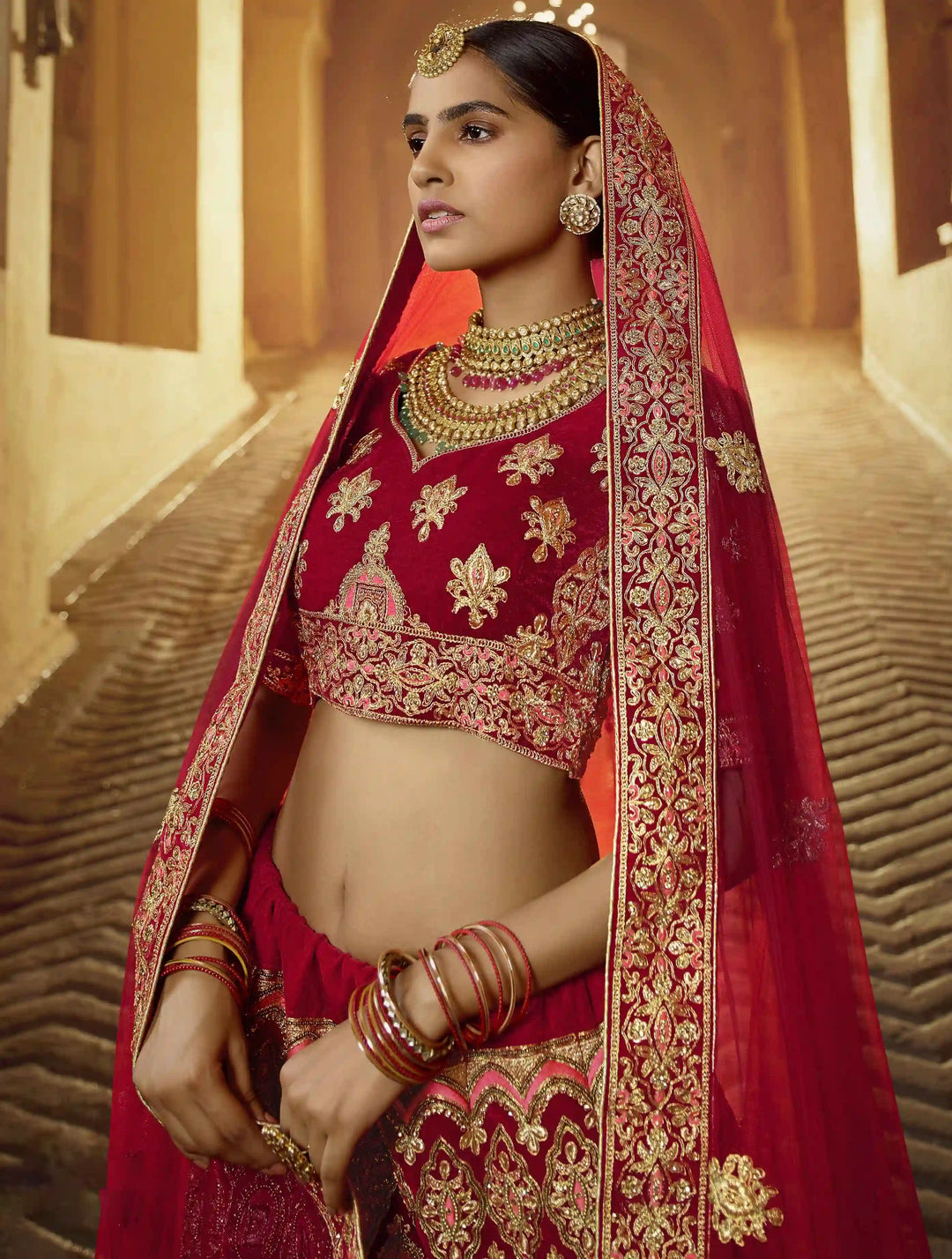 Red Pure Velvet Bridal Lehenga | Traditional Indian Lehenga Choli Set