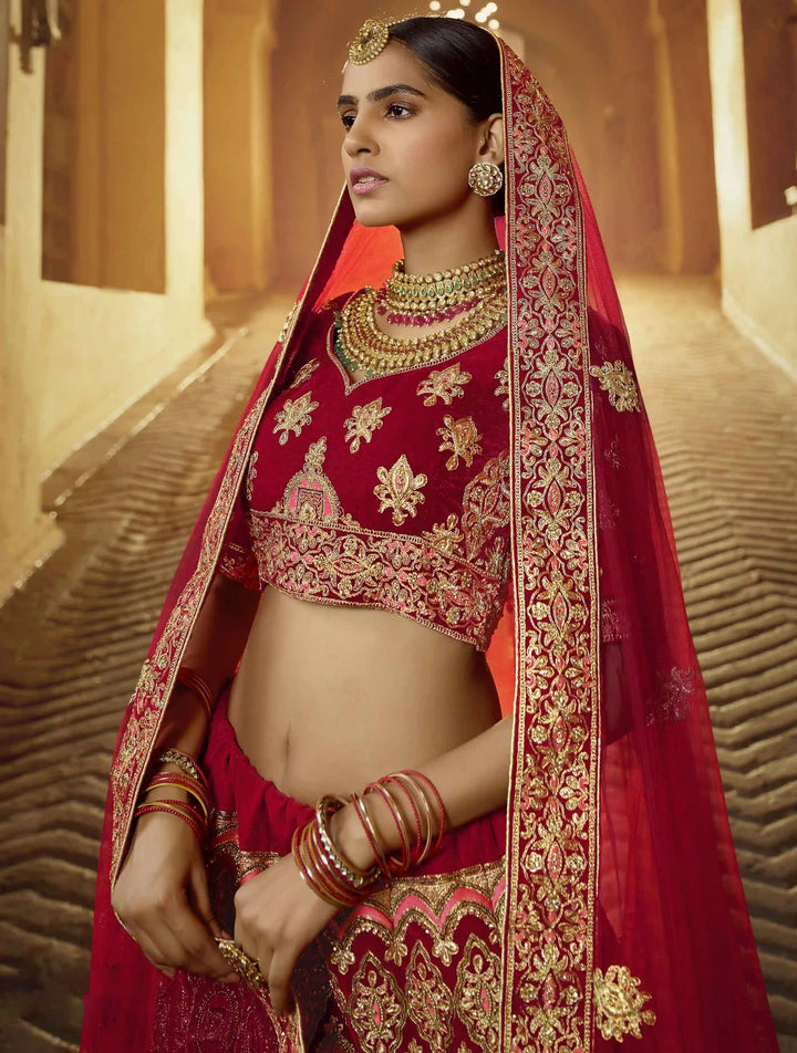 Red Pure Velvet Bridal Lehenga | Traditional Indian Lehenga Choli Set