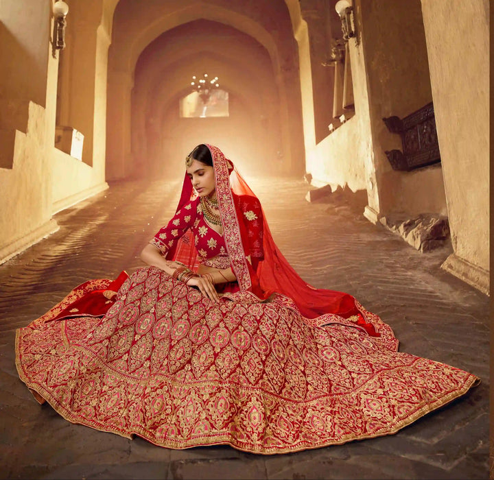 Red Pure Velvet Bridal Lehenga | Traditional Indian Lehenga Choli Set
