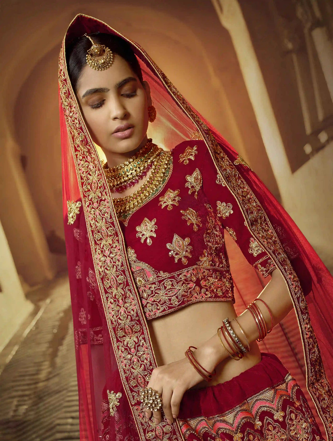 Red Pure Velvet Bridal Lehenga | Traditional Indian Lehenga Choli Set