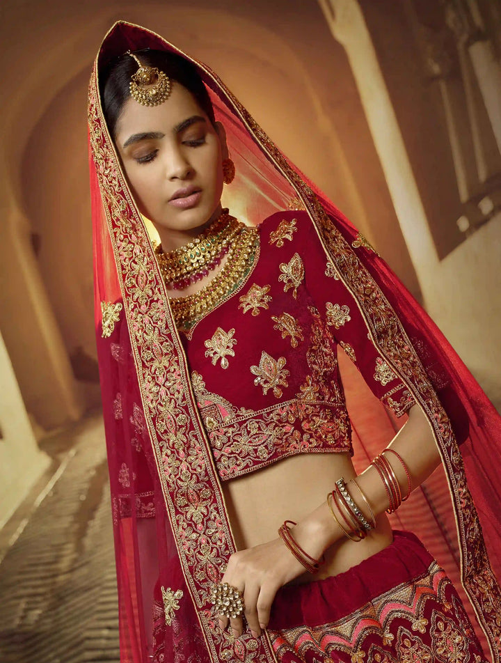 Red Pure Velvet Bridal Lehenga | Traditional Indian Lehenga Choli Set