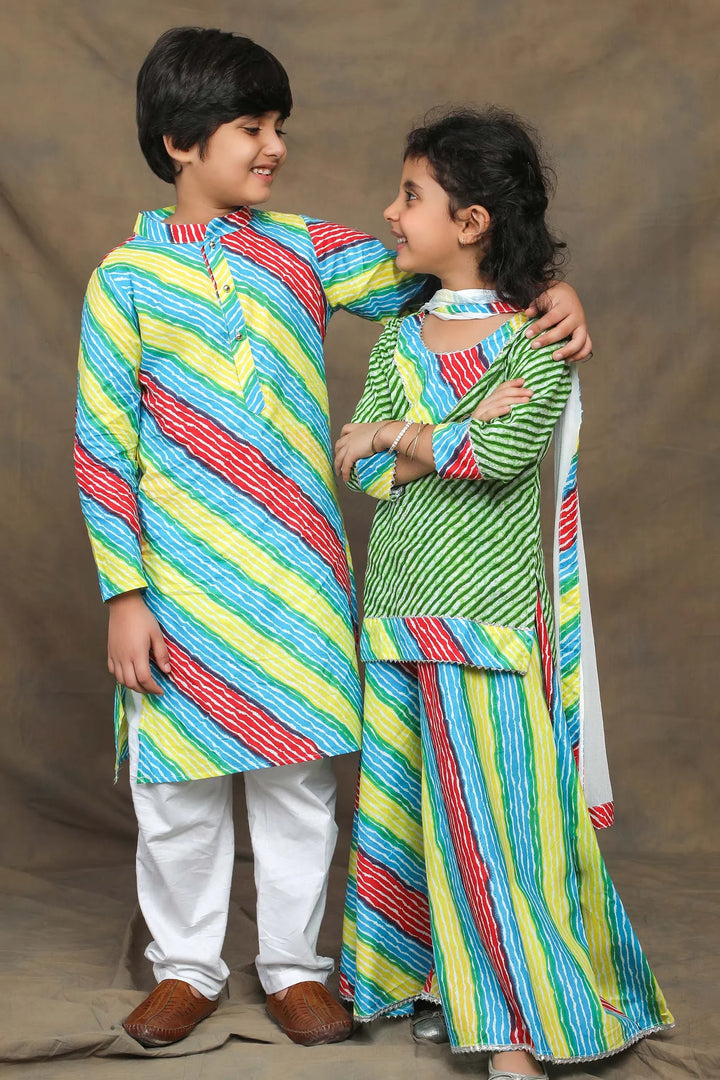 Vibrant Green And Multicolored Leheriya Brother and Sister Twin Set