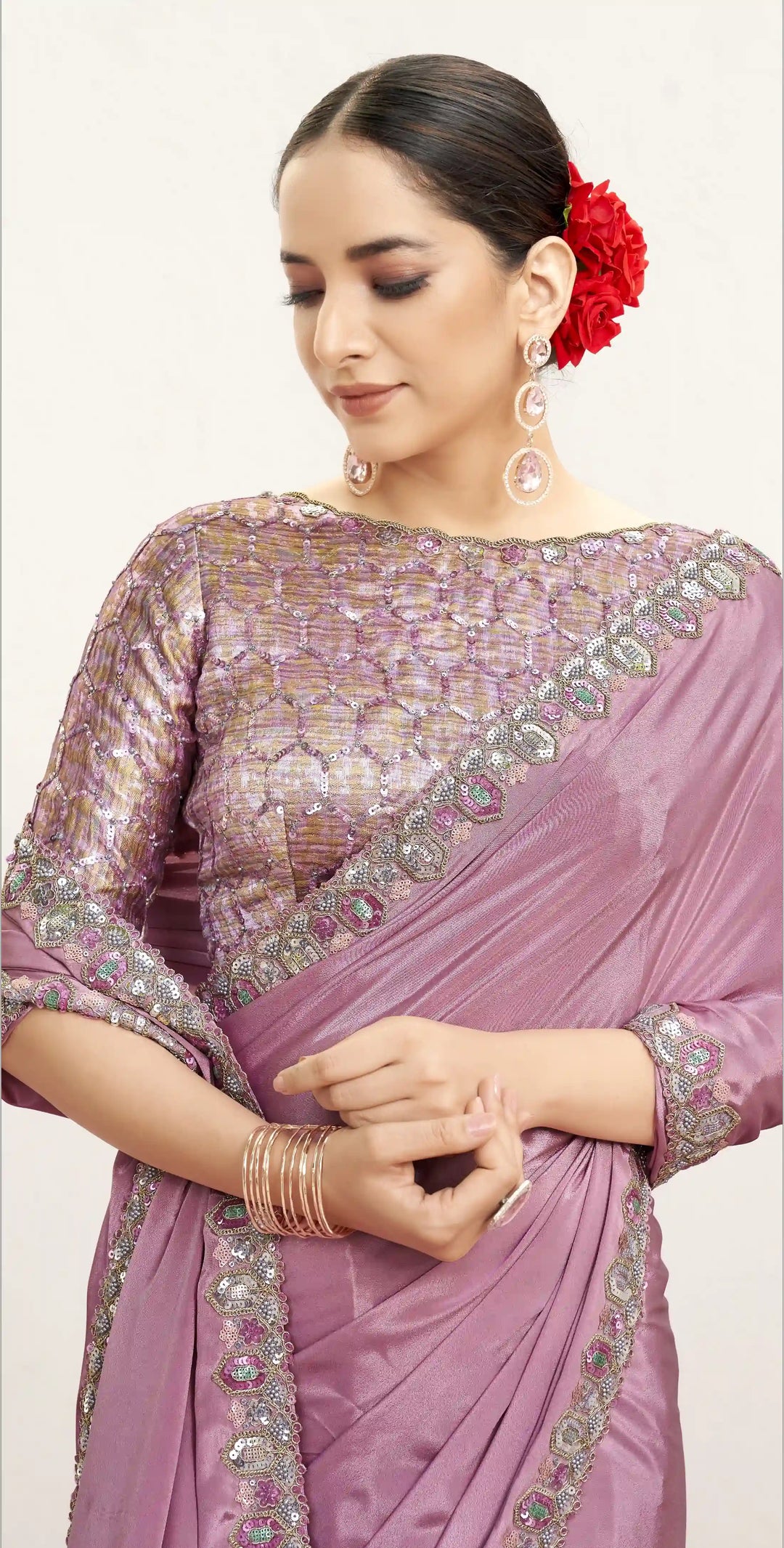 Beautiful Pink Saree with Silk Blouse & Jacquard Sequence Work