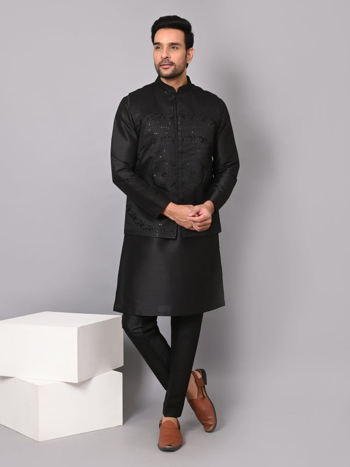 Sequence Embroidered Jacket Kurta Set | Festive Poly Silk Ensemble